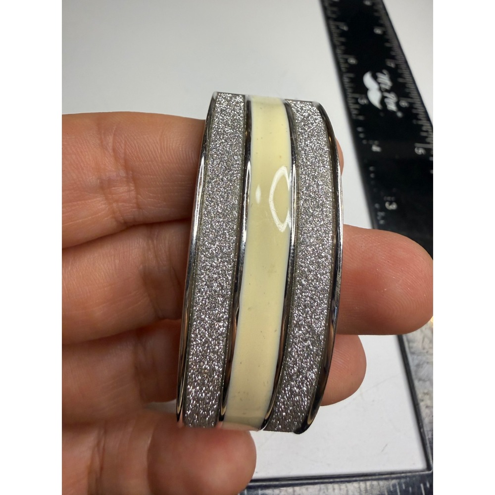 Silver Tone Glitter and Cream Enamel Hinged Bangle Bracelet Wide Cuff